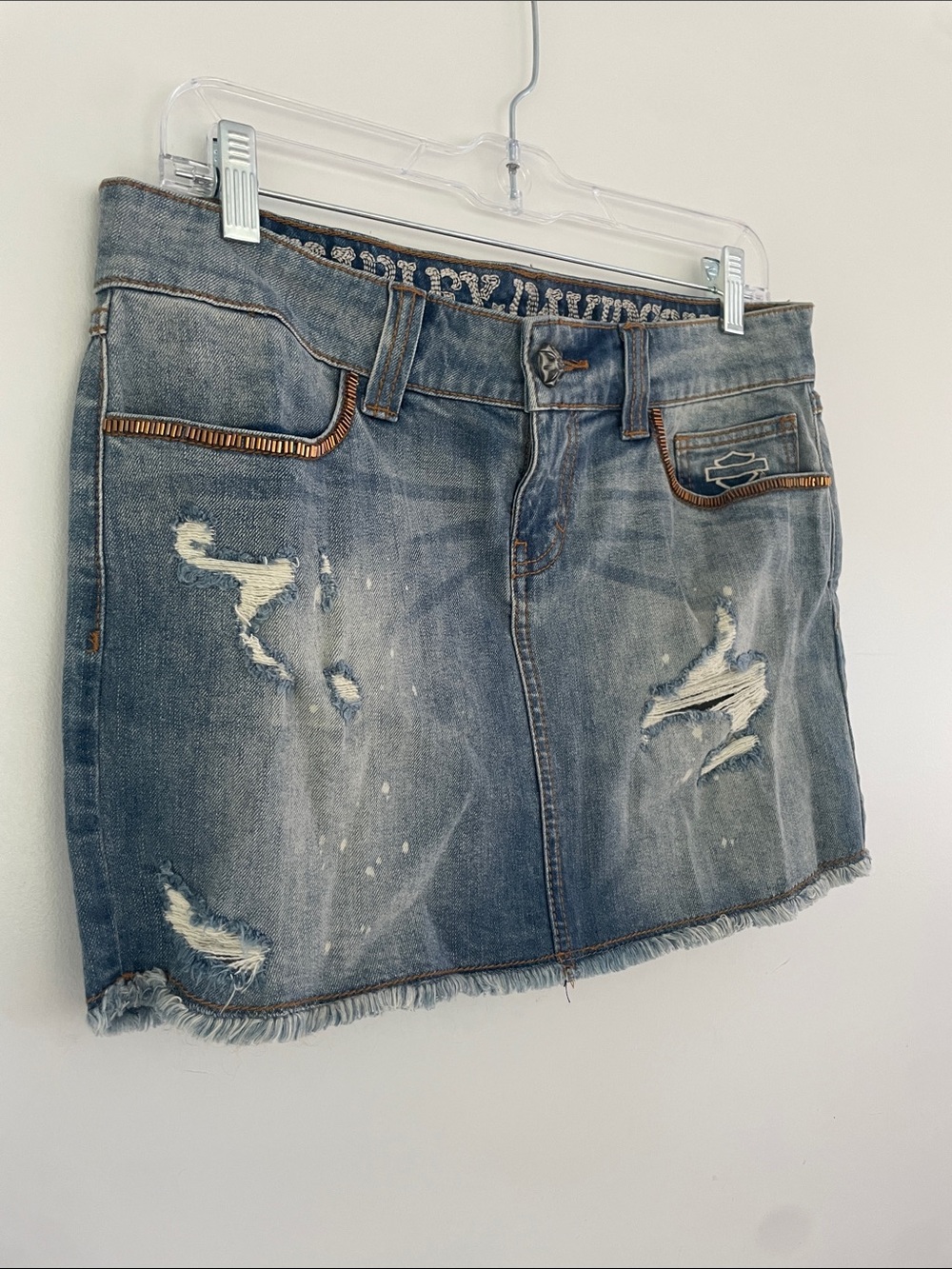 Harley-Davidson Light Blue Distressed Denim Mini Skirt 6 - Picture 3 of 8